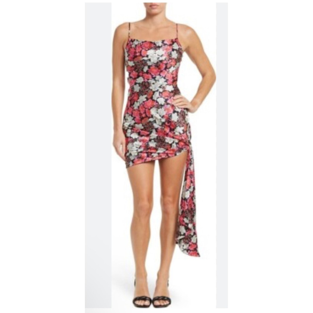 Cinq a Sept Floral Mini Dress Womens Size Small Pink Black Cowl Neck Sash